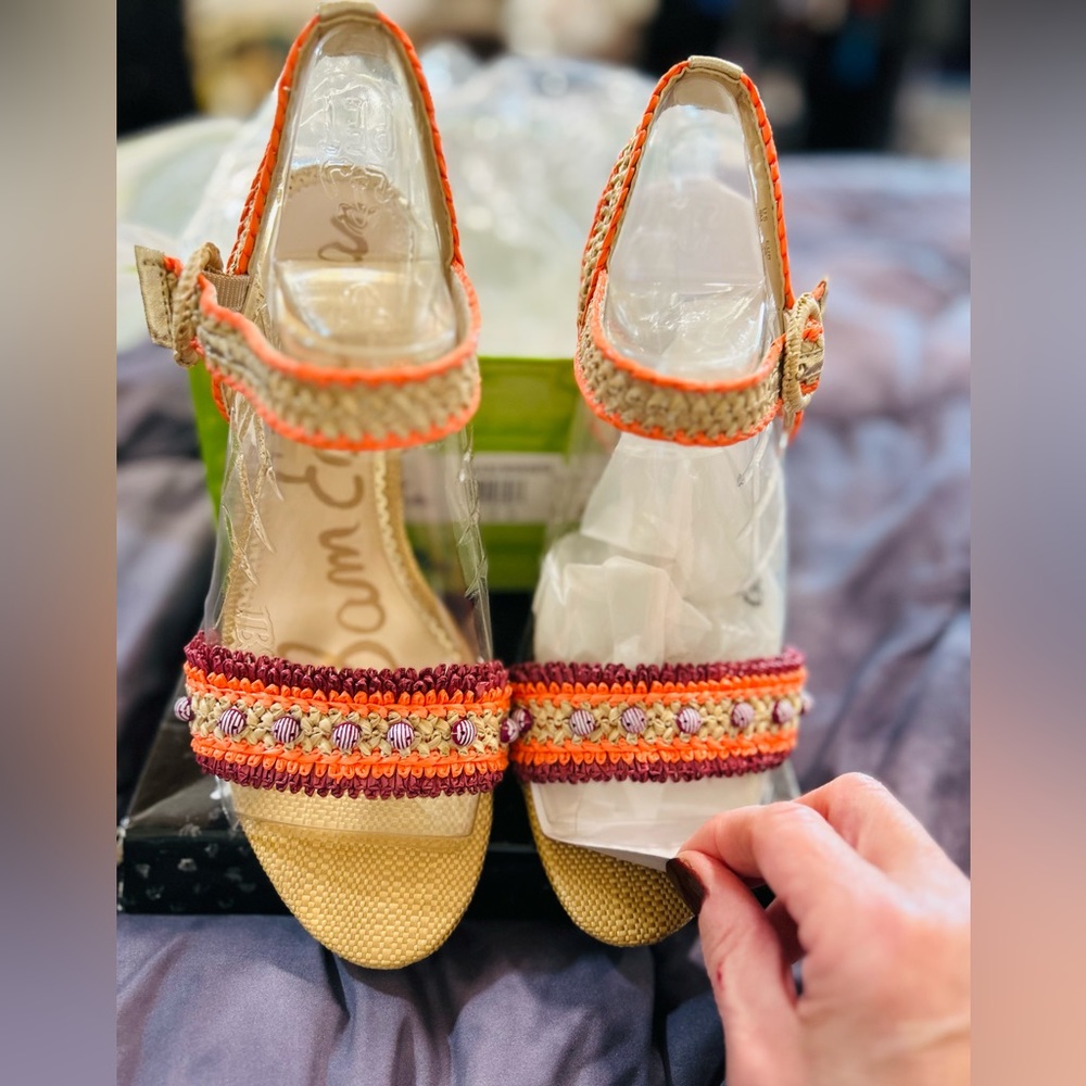 SAM EDELMAN brand new raffia sandals in orange, purple and neutral with beads s9